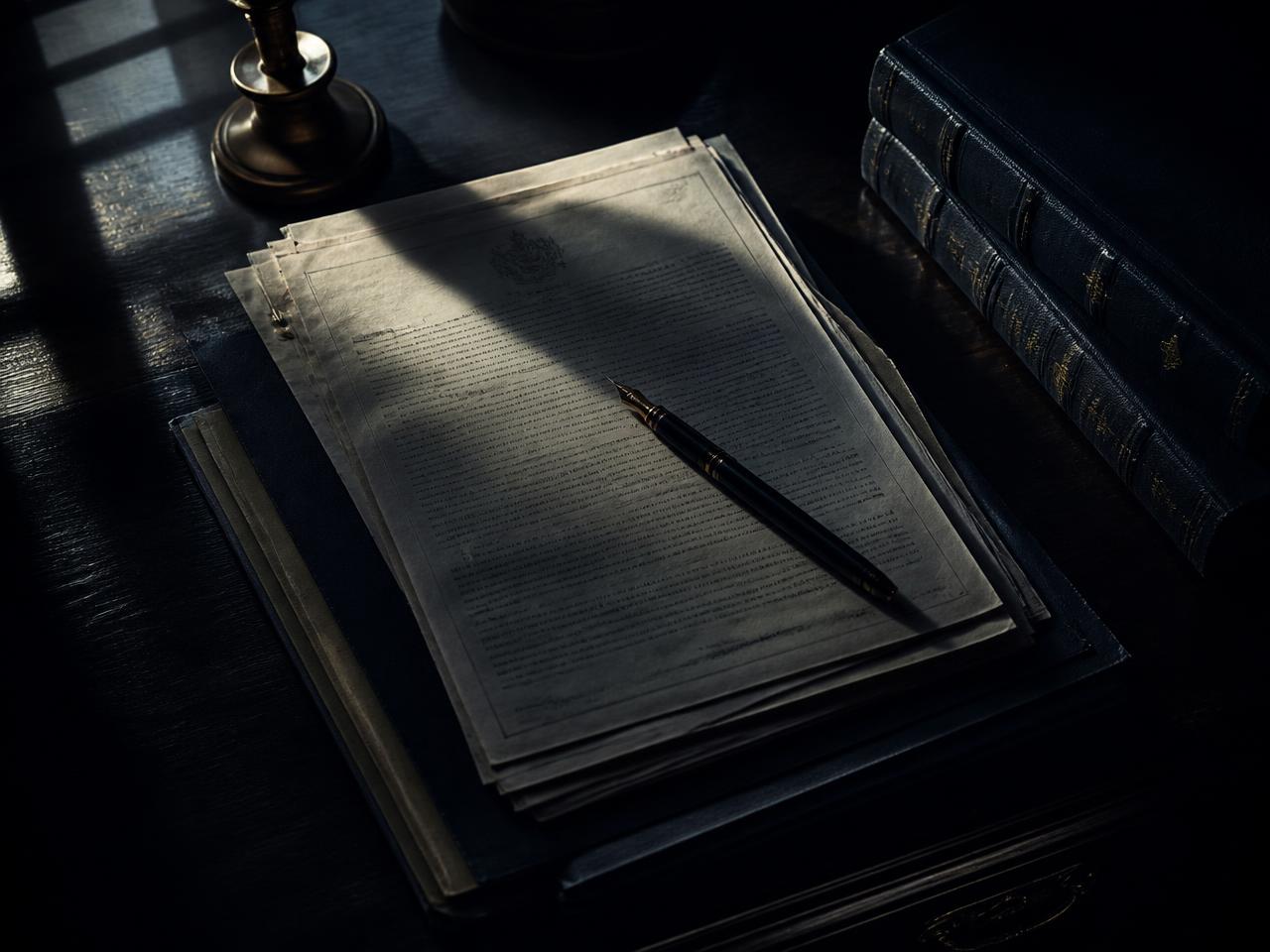 A stack of legal documents and a fountain pen on a dark desk in raking light
